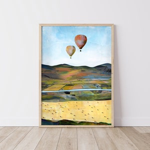 Hot Air Balloon Print, Countryside Print, Patchwork Fields Print, Countryside Art, Hot Air Balloon Wall Art, Fields Print, Farming Print