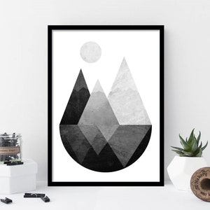 Geometric Mountain Print, Abstract Wall Art, Minimalist Mountain Print, Black White, Scandi Poster, Mountain Landscape, Triangle Design