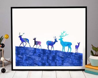 Blue Stag Print: Nordic Deer Wall Art, Scandinavian Decor