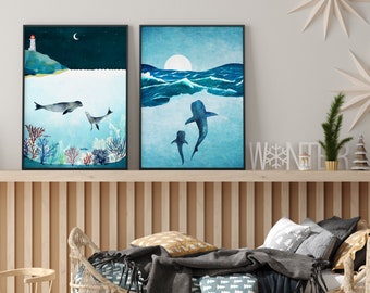 Sealife Print Set, Seal Print, Whale Print, Set of 2, Ocean Print, Nautical Print, Whaleshark Print, Animal Illustration, Nursery Print Set