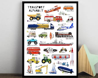 Transport Abc, Vehicle Alphabet, Kids Alphabet Print, Nursery Abc Print, Car Poster, Childrens Print, Nursery A-Z, Boys Gift, Digger Print