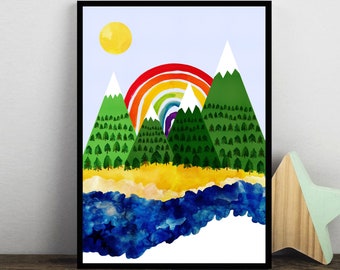 Rainbow and Mountain Print, Kids Room Print, Rainbow Wall Art, Abstract Rainbow Poster, Landscape, Wild Print, Childrens Print, Watercolour