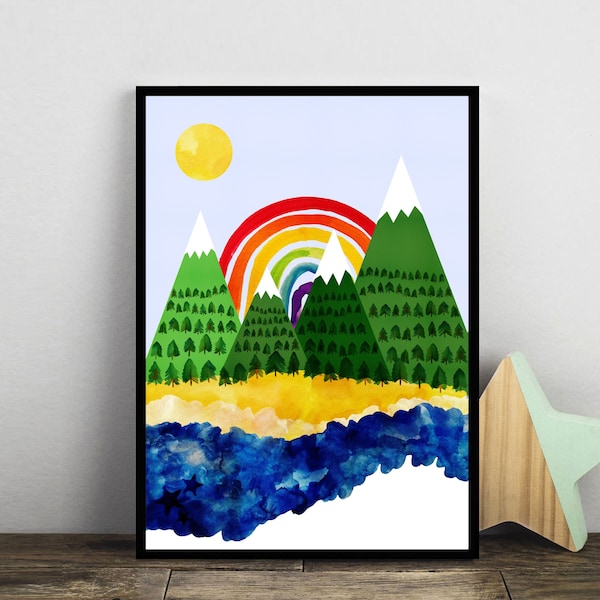 Rainbow and Mountain Print, Kids Room Print, Rainbow Wall Art, Abstract Rainbow Poster, Landscape, Wild Print, Childrens Print, Watercolour