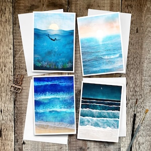 Set von 4 Ozeankarten, Wildschwimmkarte, Seeschwimmkarte, Ozeankarte, leere Ozeankarte, Ozeangrußkarte, Abenteuerkarte, Open Water