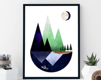 Mountains and Lake, Retro Art Print, Nature Print, Scandi Wall Art, Forest, Lake, Home Decor, Geometric Print, Modern Wall Print, A5, A4, A3