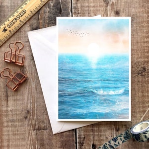 Strandkaart, zeezwemkaart, strandzonsopgangkaart, surfkaart, oceaankaart, zonsondergangkaart, lege oceaankaart, oceaanwenskaart, open water