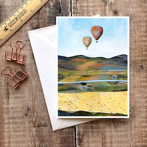 Tarjeta de globo aerostático, tarjeta de campo, tarjeta de campos de patchwork, tarjeta de cumpleaños de campo, tarjeta de cumpleaños de campos, tarjeta de agricultura, tarjeta de felicitación