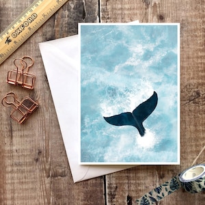 Tarjeta de ballena, tarjeta de cola de ballena, tarjeta de océano, tarjeta de felicitación, tarjeta de felicitación, tarjeta de viaje, tarjeta náutica, impresión de vida marina, impresión de ballena