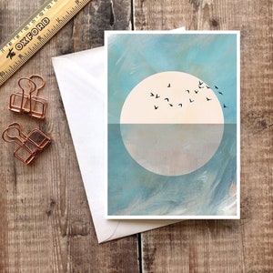 Carte soleil et oiseaux, carte d'art scandinave, carte de silhouette d'oiseau, carte de nature, carte de lever de soleil, carte de coucher de soleil, carte rose et bleue, minimaliste
