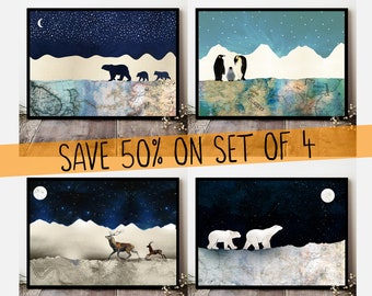 Set of 4 prints, Kids Room, Nursery Print, Adventure, Nursery Decor, Fox, Stag, Penguin, Polar Bear, Wall Prints, Art Prints, Family, Sale