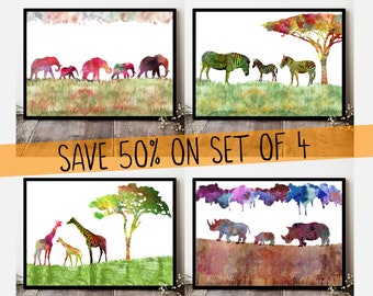 Set of 4 Wildlife Prints, Nursery Prints, Nursery Decor, Kids Bedroom, Africa, Zebra, Rhino, Elephants, Giraffes, Wall Art, Set of Prints