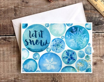 Let it Snow Christmas Card, Christmas Card, Snowflake Card, Christmas Print, Cute Card, Christmas Cards, Blue, Watercolour Christmas Cards