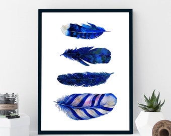 Plumas impresión, plumas de acuarela, ilustración, impresión de arte, regalo, guardería, oficina, decoración del hogar, arte de plumas, azul, cartel, A5, A4, A3