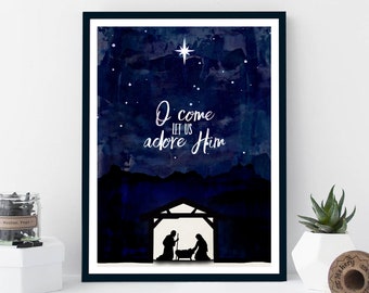 Estampado del Nacimiento, Venid, adoremos al Niño Jesús, Estampado navideño de Jesús, Arte de María, José y Jesús, Póster del Niño Jesús, Escena del establo de Jesús, Estampado de Jesús