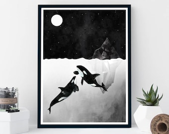 Orca Print, Killer Whale Print, Killer Whale Art, Killer Whale Poster, Nursery Print, Black and White, Orca Art, Monochrome, Nautical Poster