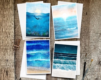 Set of 4 Ocean Cards, Wild Swimming Card, Sea Swimming Card, Ocean Card, Blank Ocean Card, Ocean Greetings Card, Adventure Card, Open Water