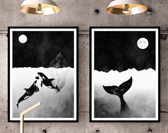 Orca Prints, Set of 2, Whale Tail Print, Killer Whale Prints, Killer Whale Poster, Nursery Print, Black and White, Nautical Poster, Ocean