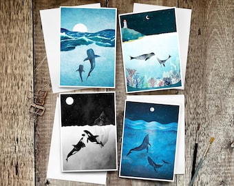 Set of 4 Ocean Cards, Sea Life Card Set, Swimming Card, Whales Card, Sea Life Card, Blank Ocean Card, Ocean Greetings Card, Adventure Card