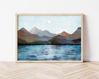 Mountains Lake Print, Reflection Print, Mountain Print, Lake Poster, Sea Poster, Calm Water Print, Lake Forest Print, Forest Print, Blue Sky