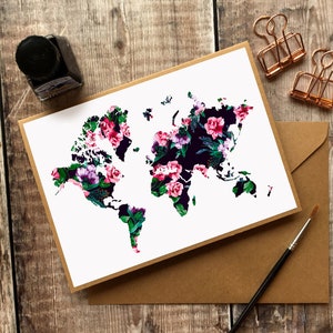 Wereld kaart kaart, kaart verjaardagskaart, lege kaart, alle gelegenheden kaart, bedankkaart, tussenjaar, reizen, gelukskaart, verjaardag, bloemen