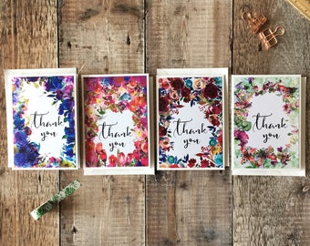 4 Designs, Thank you cards, Thank you card set, Floral,Thank you Card Pack, Set, Flowers, Wedding Thank You, Blank, General, Watercolour