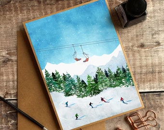 Skiing Card, Ski Card, Ski Birthday Card, Ski Greetings Card, Skier Gift, Ski Group Card, Ski Thank You Card, Ski Family Card, Ski Christmas