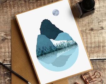 Biglietto di note per montagne e lago, stampa artistica retrò, stampa naturalistica, scheda Scandi, biglietto di ringraziamento di montagna, riflessione, biglietto vuoto, biglietto di auguri