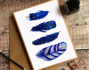 Feathers Card, Birthday Card, Watercolour Card, Illustration, Blank Card, Teacher Card, Feather, Thank you, Fine Art Card, Mothers Day, Blue