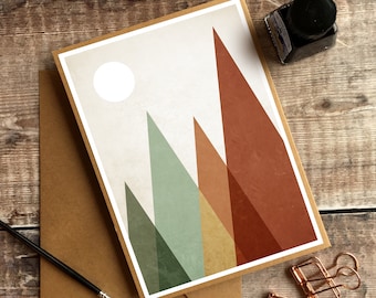 Biglietto montagne, stampa artistica retrò, carta naturale, biglietto Scandi, biglietto di ringraziamento di montagna, geometrico, biglietto vuoto, biglietto di auguri, compleanno di montagna