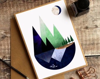Biglietto per montagne e lago, stampa artistica retrò, stampa naturalistica, biglietto Scandi, biglietto di ringraziamento di montagna, geometrico, biglietto vuoto, biglietto di auguri