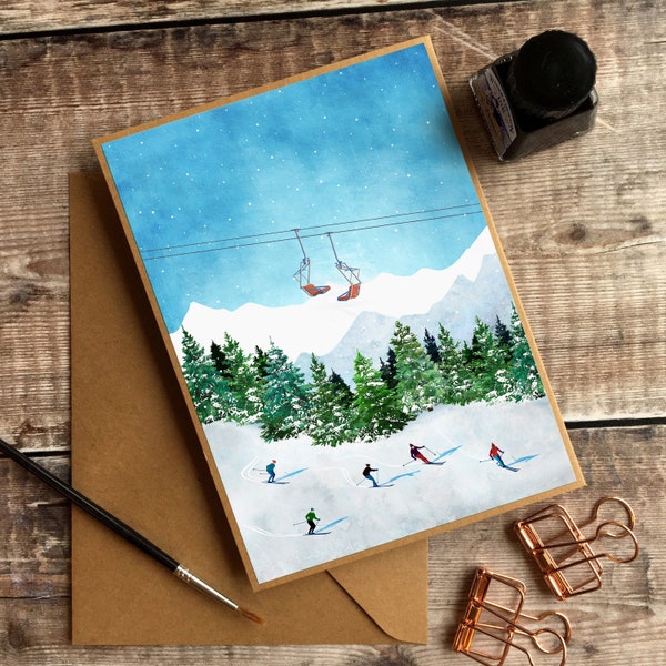 Skikaart, skikaart, skiverjaardagskaart, skiwenskaart, skiërgeschenk, skigroepskaart, skibedankkaart, skifamiliekaart, skikerstmis
