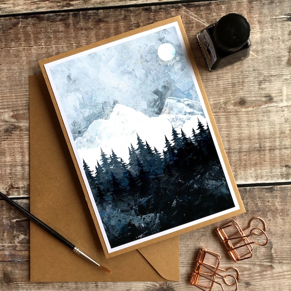 Mountain Sunburst Note Card 7x5 », Carte de remerciement, Carte d’anniversaire, Carte de Noël, Pénélope et les Canards, Carte de montagne, Carte forestière