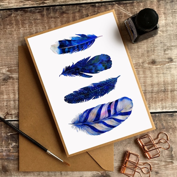 Feathers Card, Birthday Card, Aquarelle Card, Illustration, Carte Blanche, Carte d’Enseignant, Plume, Merci, Fine Art Card, Fête des Mères, Bleu