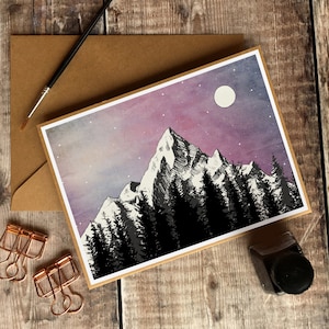 Mountain Card, Geïllustreerde Mountain Scene, Traditionele Kaart, Kerstkaart Pack, Scandi Kerstkaart, Nordic Mountain Card, Vakantie