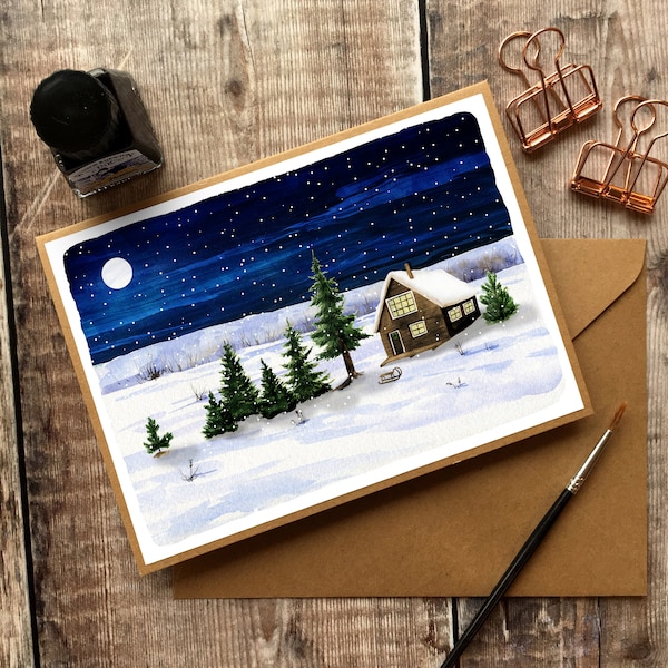 Christmas Card, Illustrated Snowy Cabin, Traditional Christmas Card, Christmas Card Pack, Scandi Christmas Card, Nordic Cabin Card, Holiday