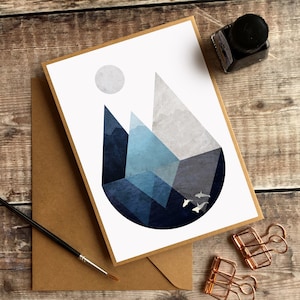 Montañas y Ocean Note Card, Retro Art Print, Nature Print, Scandi Card, Mountain Thank You Card, Geometric, Blank Card, Greetings Card