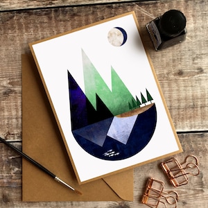 Góry i Jezioro Notatka Karta, Retro Art Print, Nature Print, Skandynawska Karta, Górska Karta Podziękowań, Geometryczna, Pusta Karta, Karta Powitalna