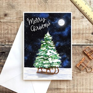Carte de Noël, Carte de traîneau, Carte de Noël enneigée, Carte de Noël traditionnelle, Pack de cartes de Noël, Carte de Noël Scandi, Arbre de Noël