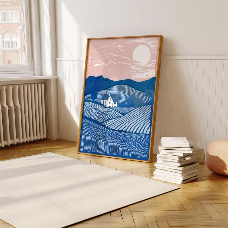 Grabado en linóleo, Arte en linóleo, Impresión de granja, Campos en linóleo, Casa en linóleo, Impresión de paisaje, Impresión rosa y azul, Paisaje en linóleo imagen 6