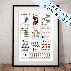 PRINTABLE, Kids Numbers Print, Counting Digital, 1-10 Print, Nursery Educational Print, Educational Poster, Animals Print, Nursery Printable
