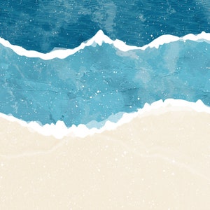 May include: A watercolor painting of a beach scene with blue ocean waves crashing on a white sandy beach.