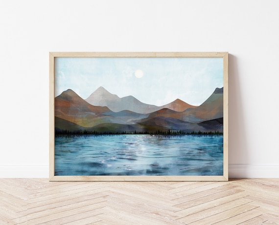 Mountains Lake Print, Reflection Print, Mountain Print, Lake Poster, Sea Poster, Calm Water Print, Lake Forest Print, Forest Print, Blue Sky