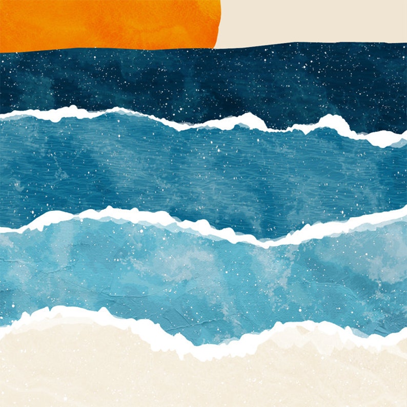 May include: Abstract art print featuring a sunset over the ocean. The print is made up of layers of blue, white, and orange watercolor paint. The ocean is depicted with a series of waves, and the sunset is a bright orange circle.