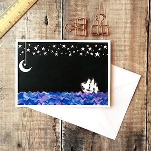 Nave pirata, carta, carta di compleanno, biglietto di ringraziamento, scheda di nota, pirati, stelle, notte, Luna, scheda in bianco, barca, nave, Penelope e le anatre