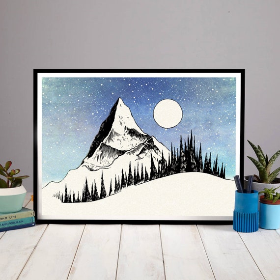 Mountains & Moon, Mountain Print, Sketch, Watercolour, Mountain Wall Print, Wall  Art, Retro Art, Home Decor, Penelope and the Ducks, A4, A3 - Etsy