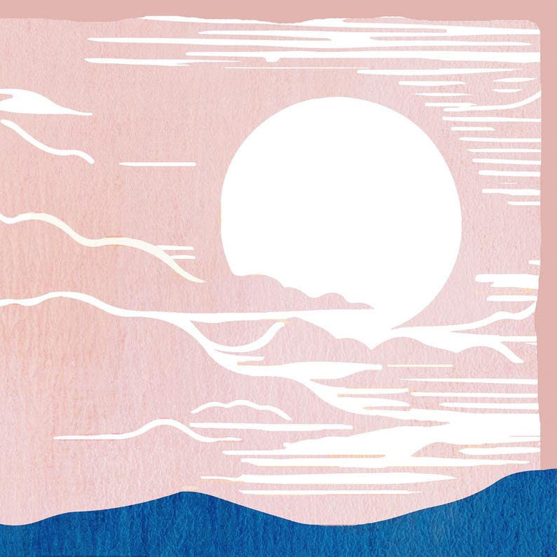 Puede incluir: Una ilustraci&oacute;n abstracta de paisaje en rosa y blanco con un gran c&iacute;rculo blanco en el centro, que representa el sol, y l&iacute;neas blancas que representan nubes y monta&ntilde;as. La parte inferior de la imagen es de color azul s&oacute;lido.