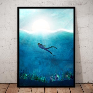 Impresión de natación salvaje, buceo libre, impresión oceánica, arte de la pared del océano, impresión de apnea, cartel del mar, impresión de natación, arte del océano, natación en aguas abiertas