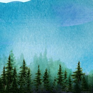 May include: A watercolor painting of a forest with a blue sky in the background. The trees are green and the sky is a light blue. The painting is done in a soft, dreamy style.
