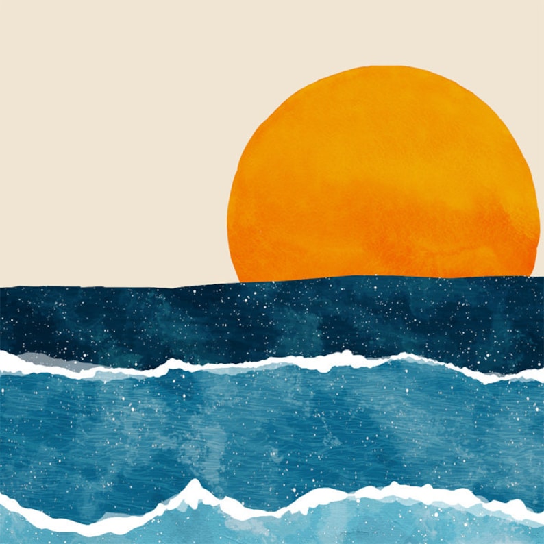 May include: A digital painting of a sunset over the ocean. The sun is a bright orange circle, and the ocean is a deep blue with white waves.