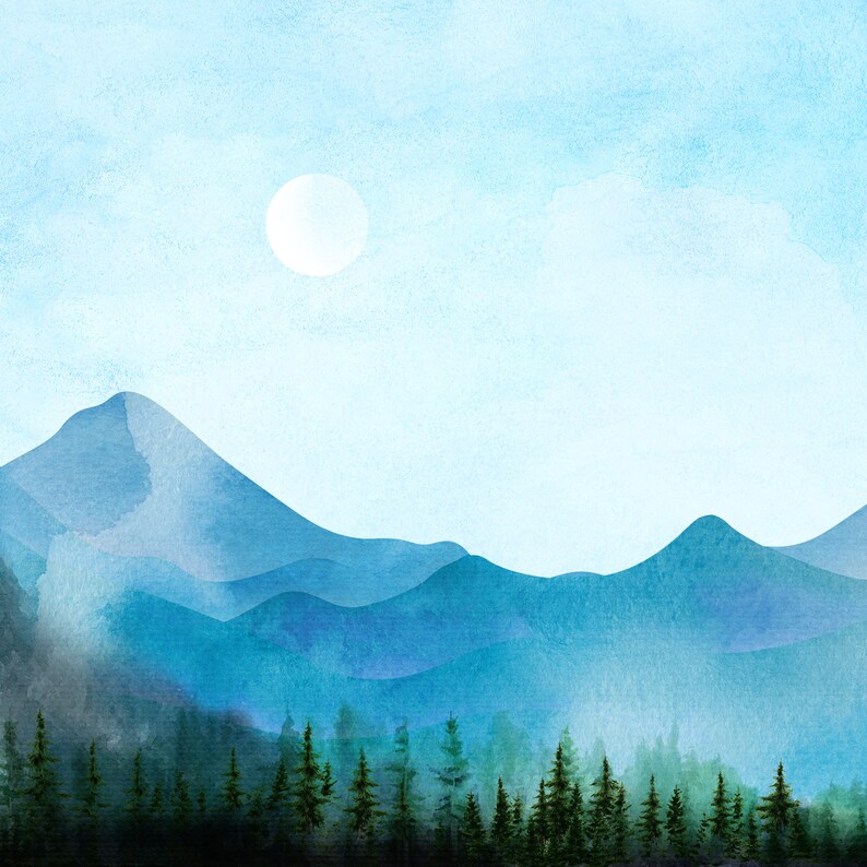 May include: A watercolor painting of a mountain range with a white sun in the sky and a forest of pine trees in the foreground.